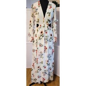 Forever 21 Maxi Dress Sz S Floral Side Cutouts Deep V Neckline Long Sleeves